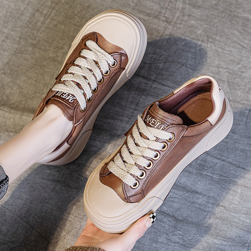 Women's Casual Leather Platform Lace-Up Sneakers