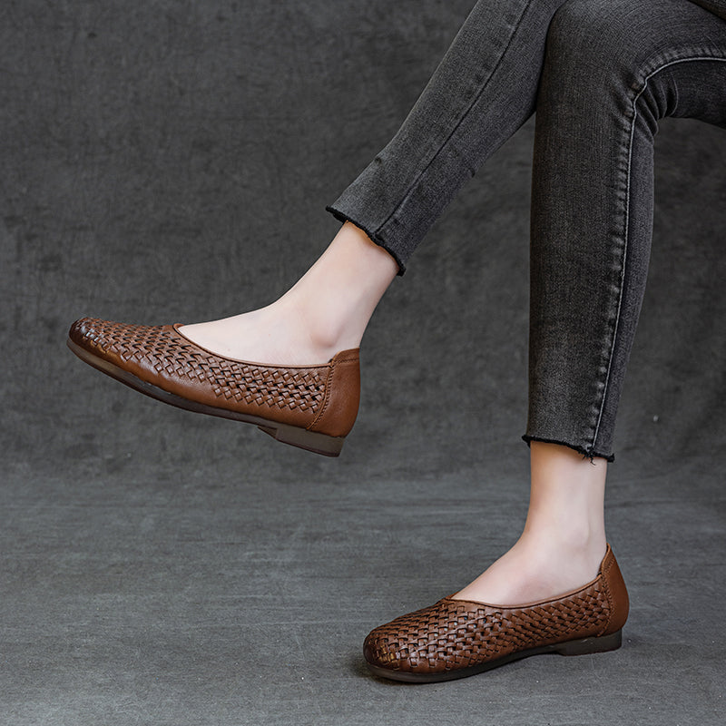 Women's Leather Woven Hollow Out Flat Sandals Glove Shoes