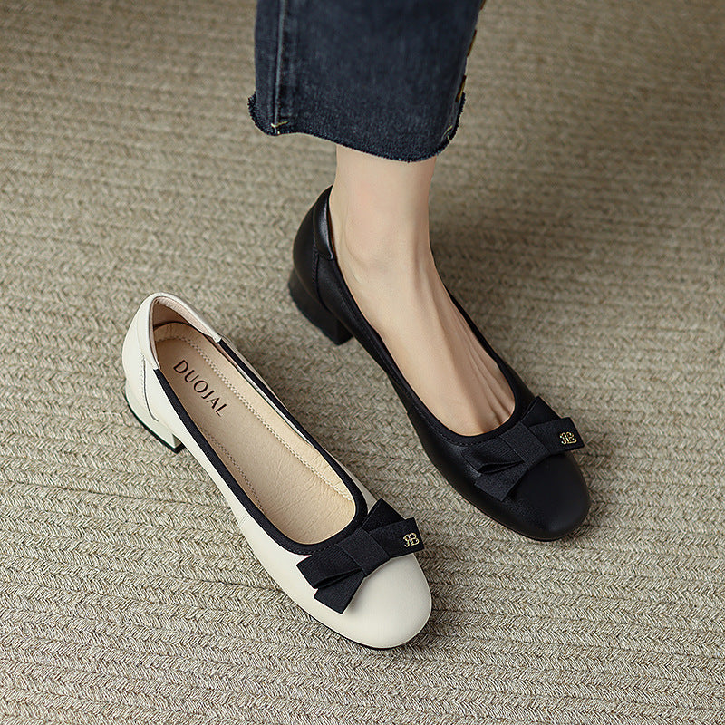 Women's Leather Ballet Flats - Round Toe with Elegant Bow Detail