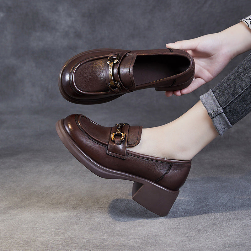 Women's Genuine Leather Loafers – Mid Heel Slip-On Shoes with Metal Accent