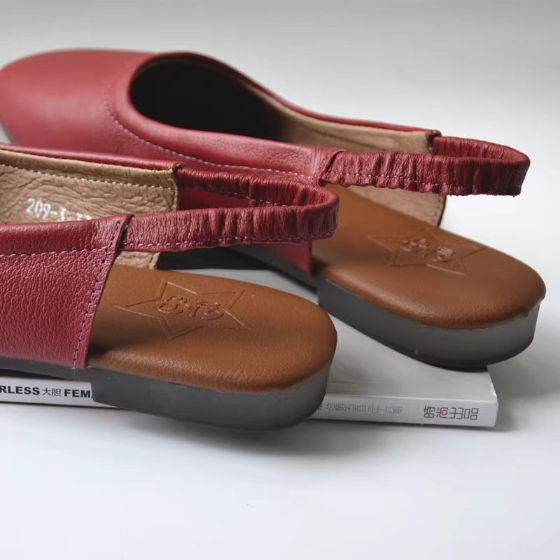 Women's Closed Toe Slip On Leather Heel Hollow Out Flat Sandals