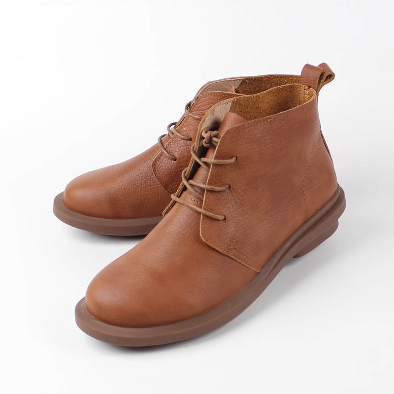 Women's Handmade Leather Casual Flat Lace Up Ankle Boots