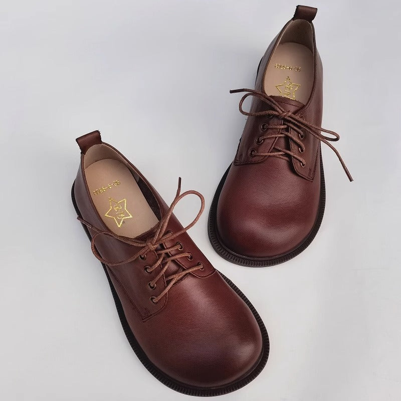 Women's Handmade Wide Toe Box Leather Lace-Up Casual Flat Shoes