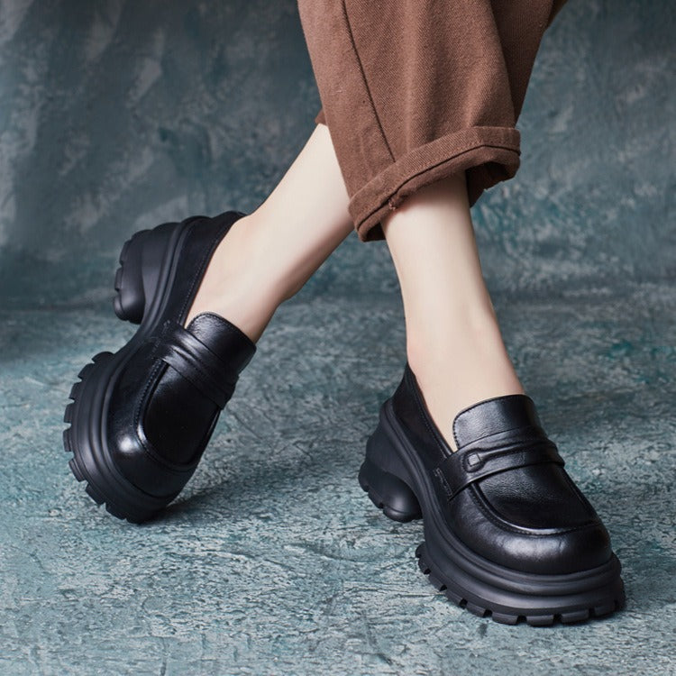 Womens Genuine Leather Heeled Platform Casual Loafers