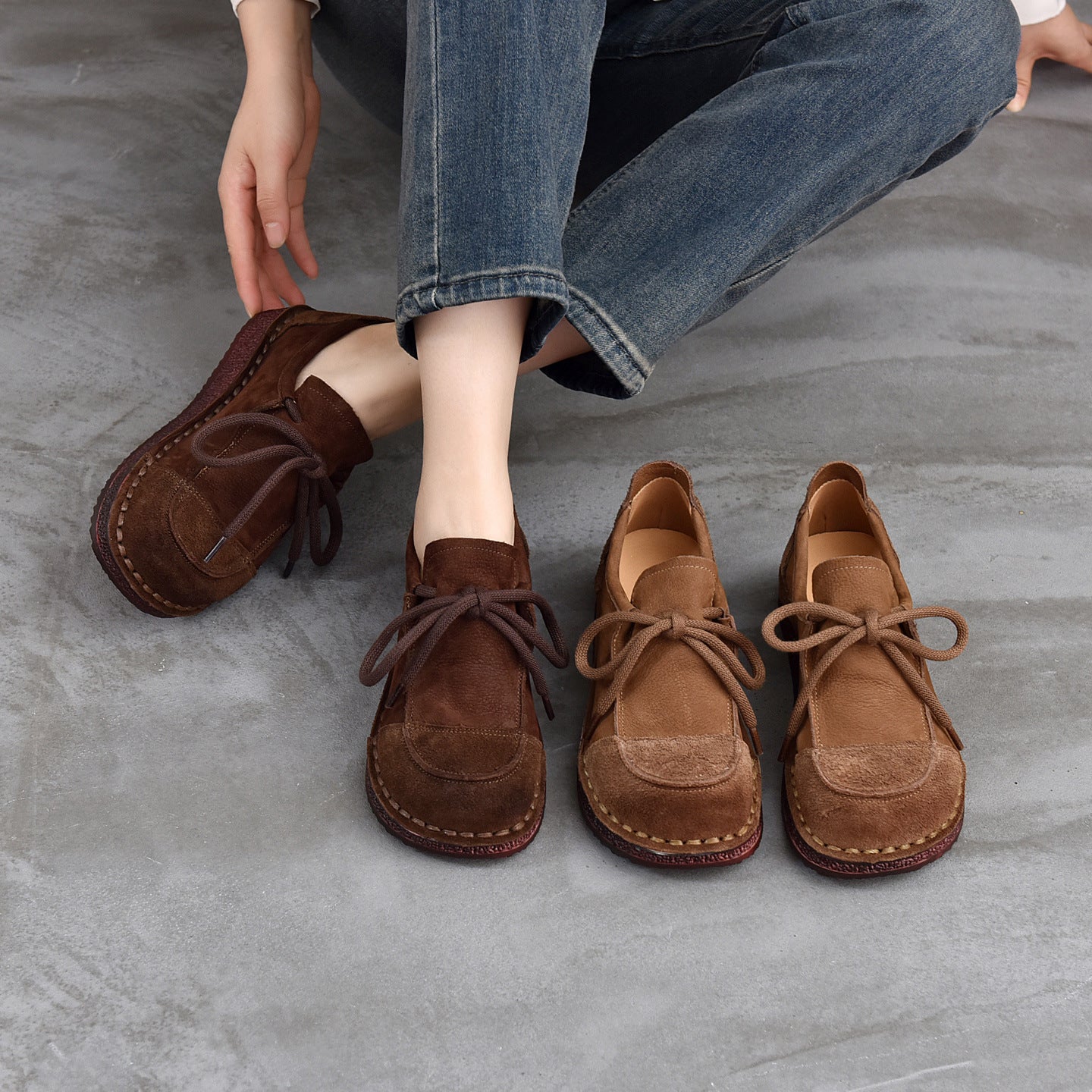 Women's Leather Lace-Up Flat Shoes – Comfortable Patchwork Casual Style