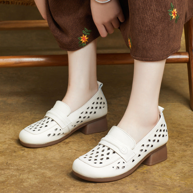 Women's Leather Summer Hollow Out Closed Toe Block Heel Sandals Loafers