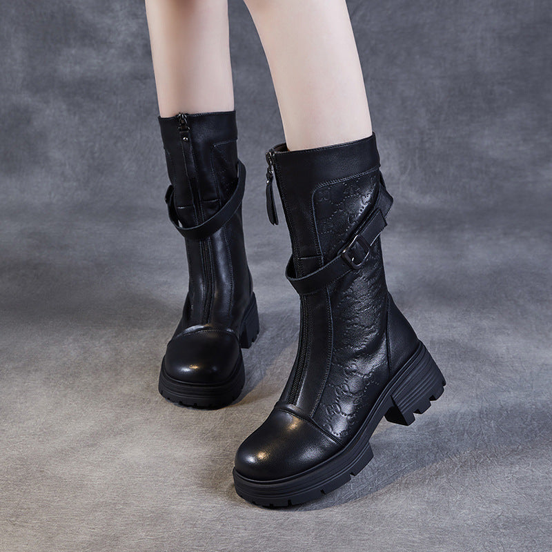 Women's Mid-Calf Embossed Genuine Leather Boots – Buckle Detail Chunky Heel Platform