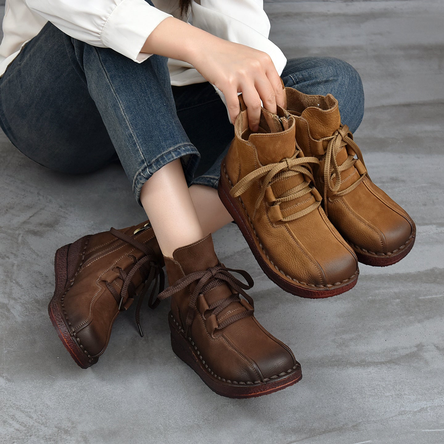 Women's Leather Short Boots – Vintage Wedge Heel Lace-Up Zipper Ankle Shoes