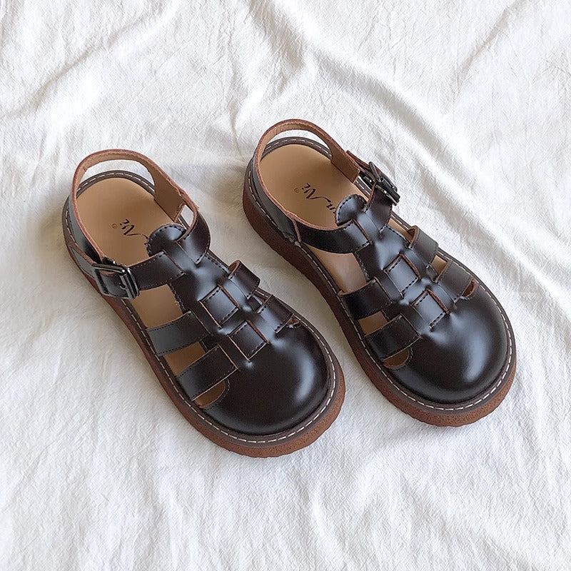 Women's Leather Closed Toe Round Sandals – Casual Summer Comfort Shoes