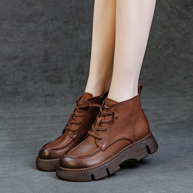Women's Vintage Leather Platform Ankle Boots – Lace-Up Zipper Non-Slip Style