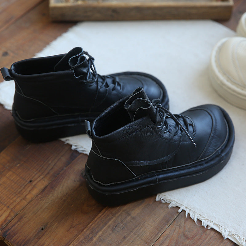 Women Leather Wide Toe Box Platform Casual Lace-up Boots
