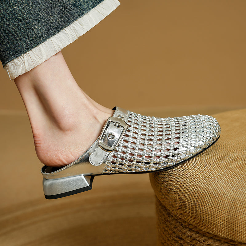 Women's Hollow Out Leather Low Heel Buckle Summer Mule Sandals