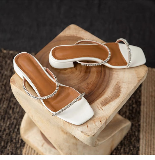 Women's Rhinestone Low Heel Sandals – Minimalist French Style for Summer