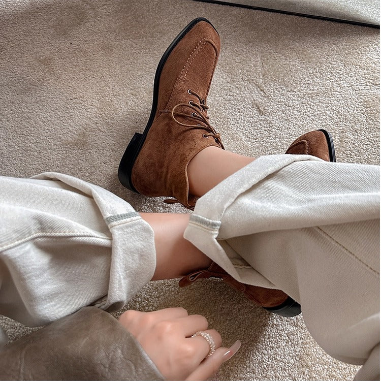 Women's Suede Square Toe Ankle Boots – Lace-Up Low Heel Stylish Style