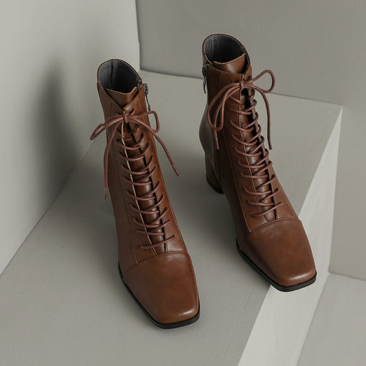 Womens Lace-up Zipper Square Toe Block Heels Leather Ankle Boots