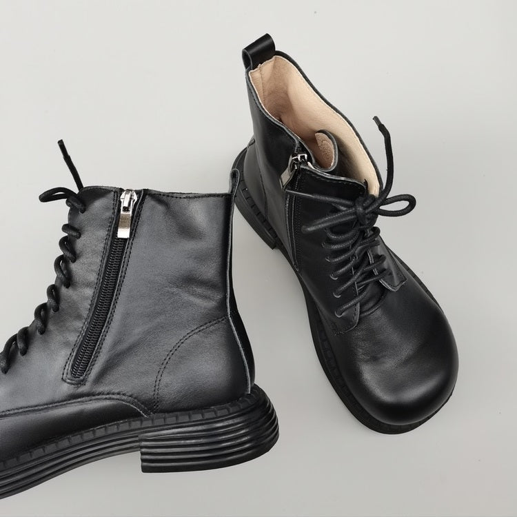 Women's Genuine Leather Wide Toe Ankle Boots – Lace-Up & Zipper Martin Boots
