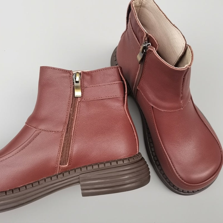 Women's Vintage Wide Toe Derby Boots – Handmade Leather Zipper Short Boots