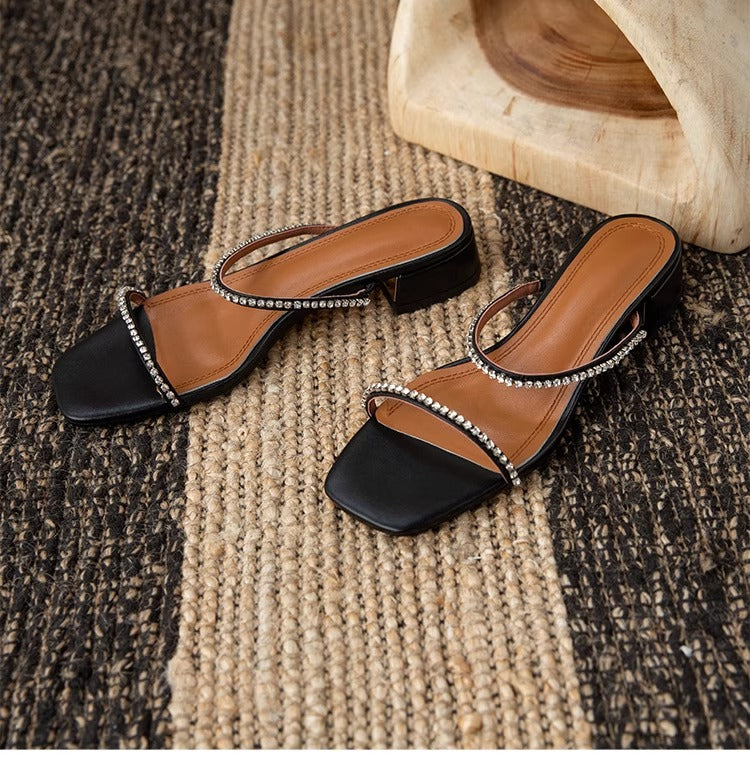 Women's Rhinestone Low Heel Sandals – Minimalist French Style for Summer