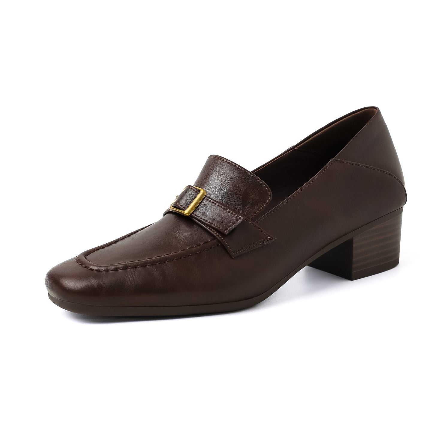 Women's Retro Square Toe Buckle Block Heeled Loafers Pump