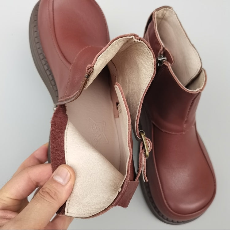 Women's Vintage Wide Toe Derby Boots – Handmade Leather Zipper Short Boots