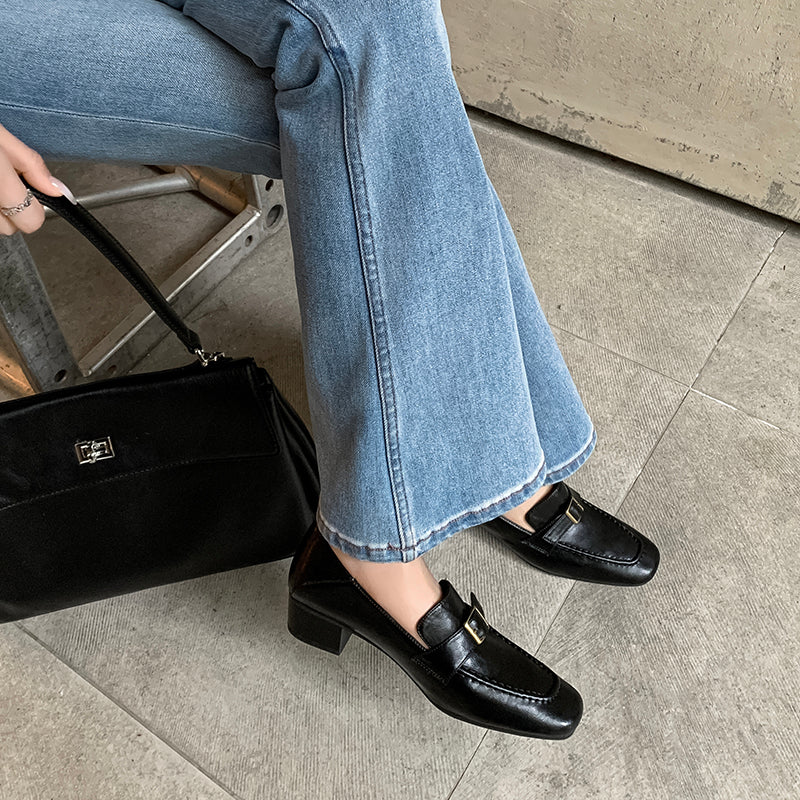 Women's Retro Square Toe Buckle Block Heeled Loafers Pump