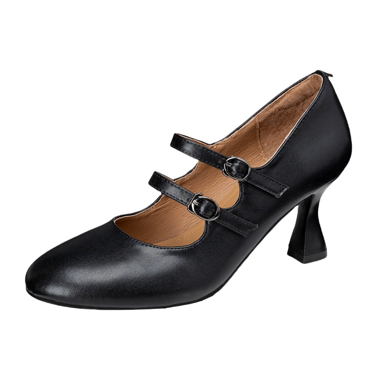 Women's Sheepskin Leather Mary Janes Double-Strap Mid Heel Pumps