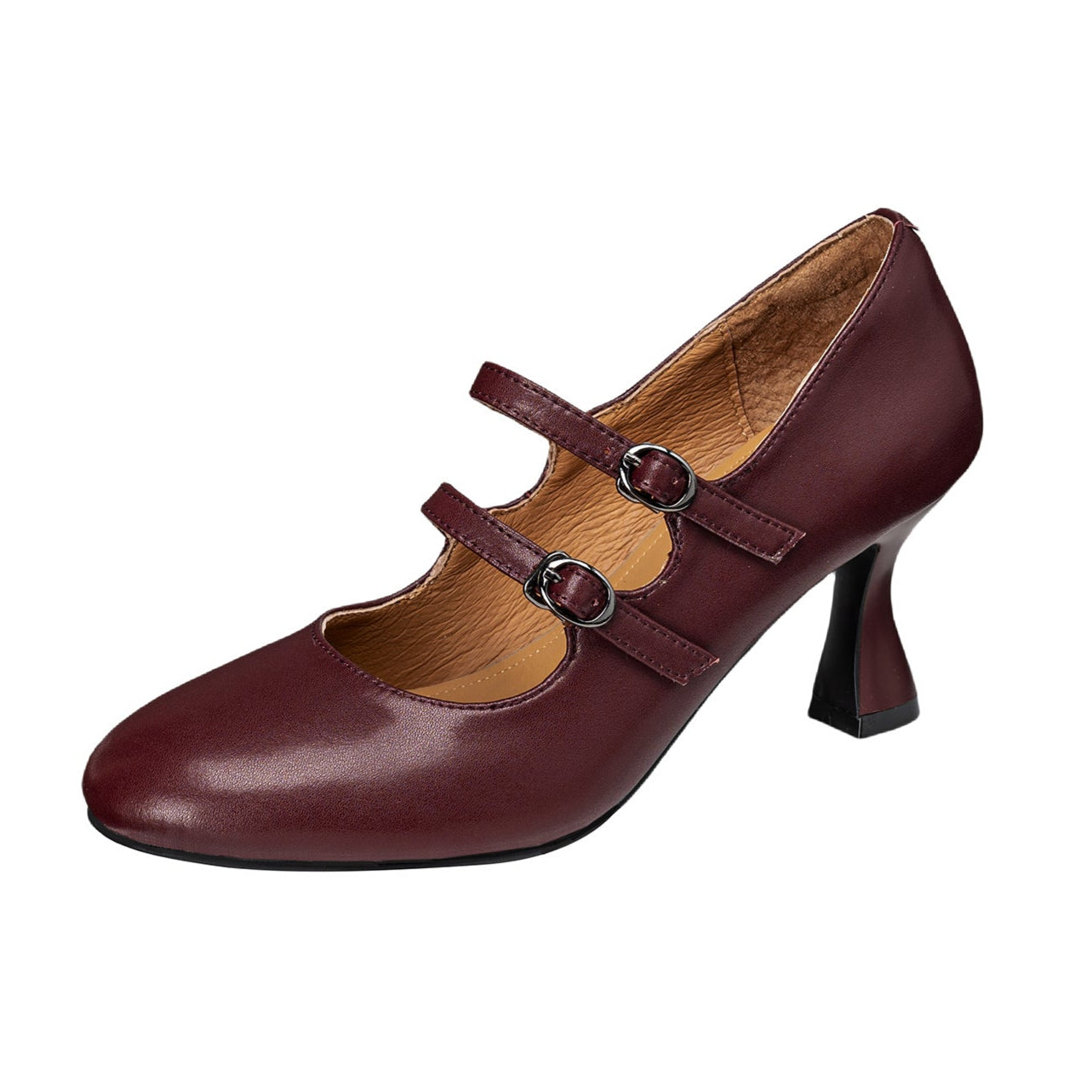 Women's Sheepskin Leather Mary Janes Double-Strap Mid Heel Pumps