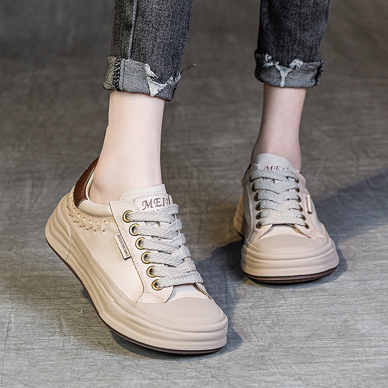 Women's Casual Leather Platform Lace-Up Sneakers