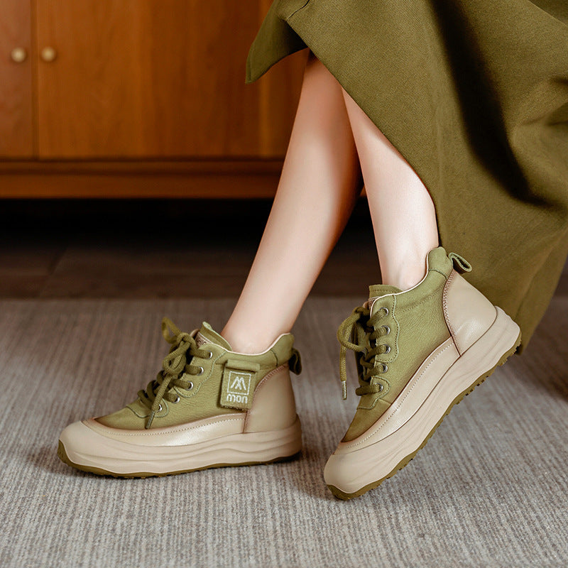 Trendy Women's Leather Platform Sneakers – High-Top Lace-Up Casual Shoes