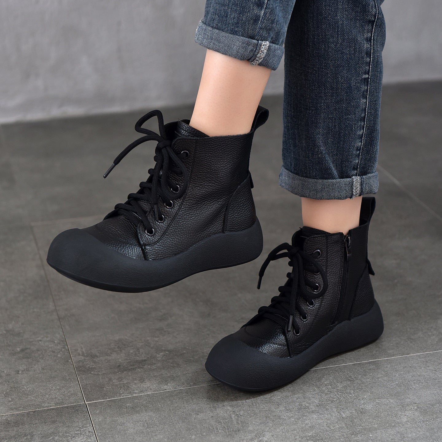 Women's Leather Daily Walking Boots – Lace-Up and Side Zipper