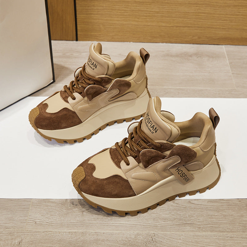 Women's Platform Leather Sneakers – Casual Cowhide Chunky Sole Trainers
