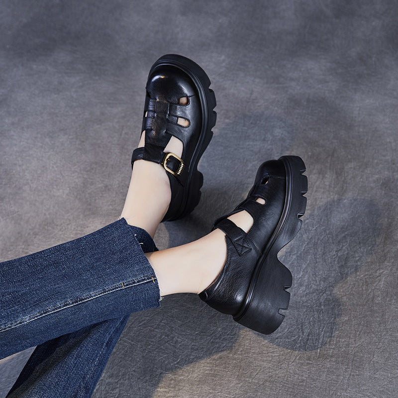 Women's Leather Summer Platform Woven Closed Toe Heel Sandals