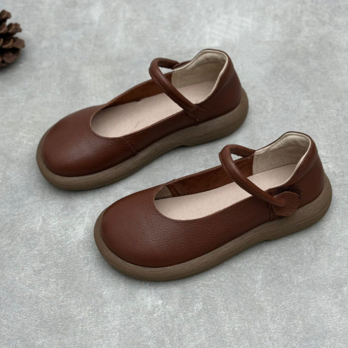 Women's Leather Handmade Soft Sole Round Toe Mary Jane Flat Shoes