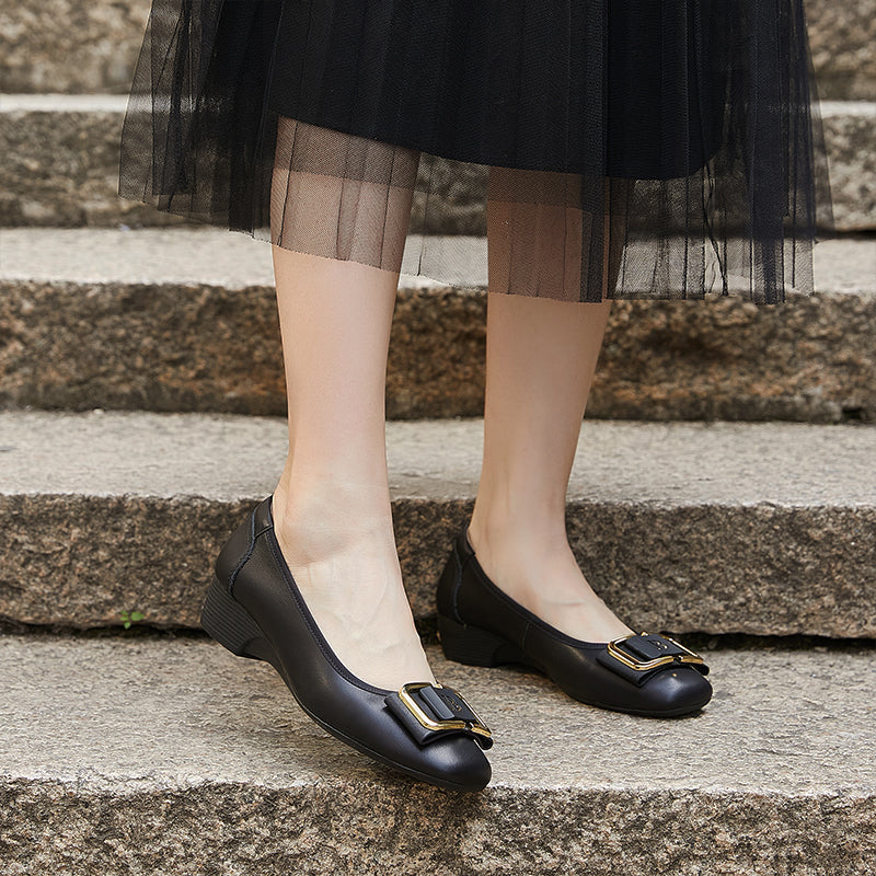 Women's Leather Low Heel Metal Buckle Embellished Pump