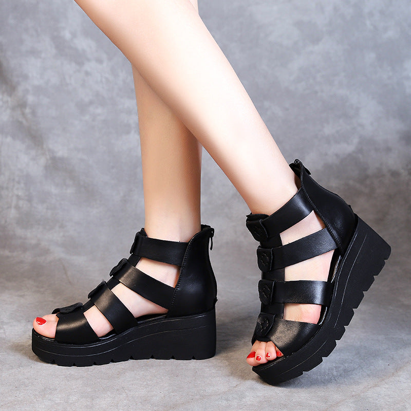 Women's Leather Open Toe Chunky Wedge Heel Roman Sandal Boots