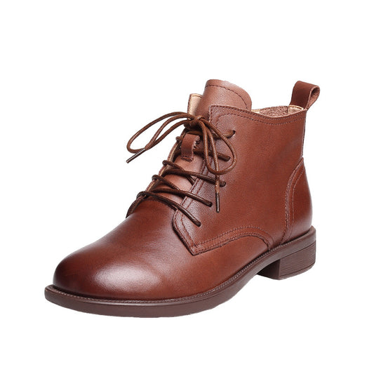 Women's Classic Genuine Leather Ankle Boots – Lace-Up with Side Zipper Closure