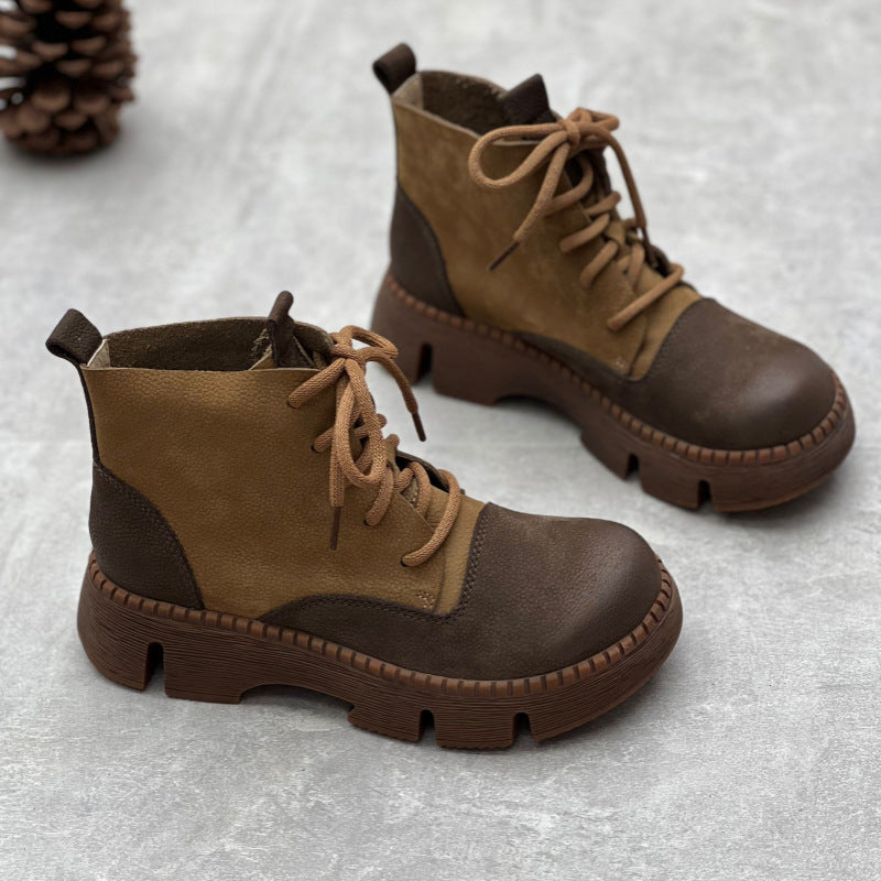Women's Vintage Leather Patchwork Platform Ankle Boots – Lace-Up Non-Slip
