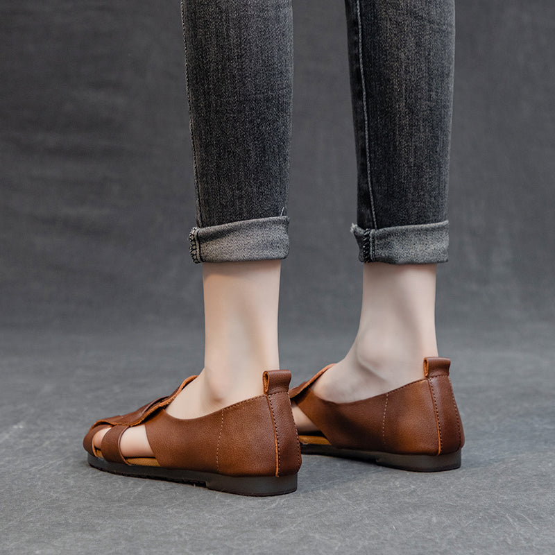 Women's Leather Summer Woven Hollow Out Flat Breathable Sandals