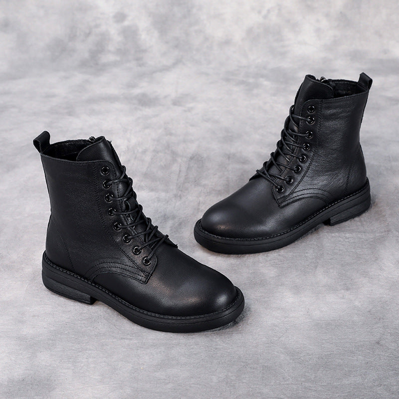 Women's Leather Casual Lace-Up Ankle Boots with Side Zipper Closure