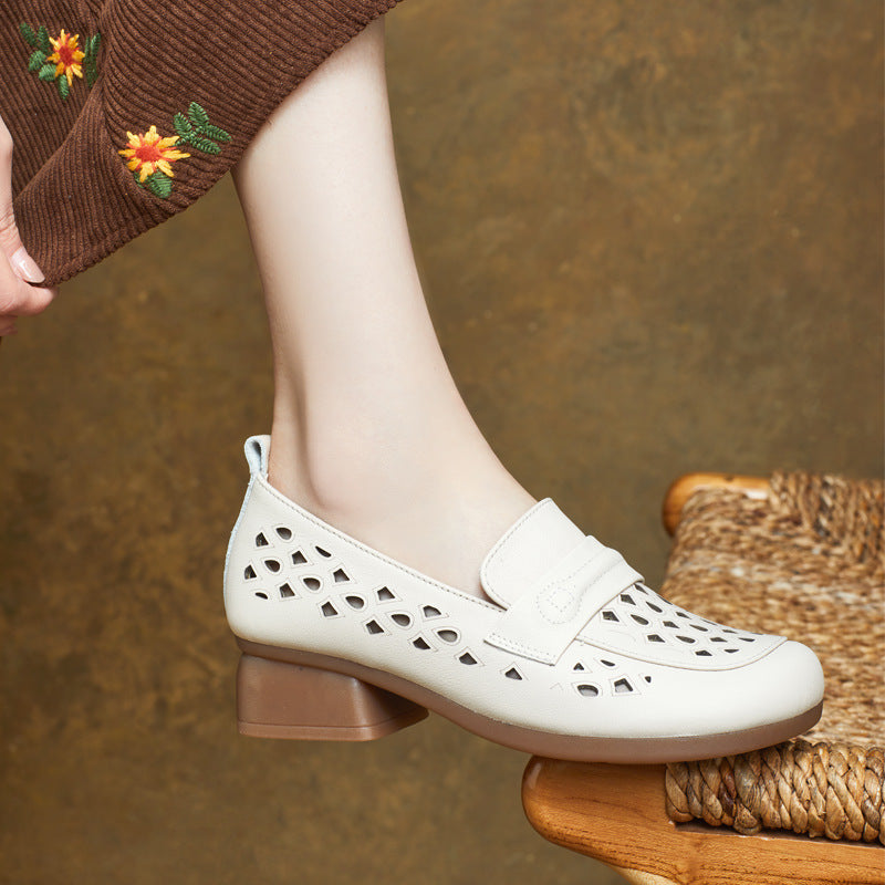 Women's Leather Summer Hollow Out Closed Toe Block Heel Sandals Loafers