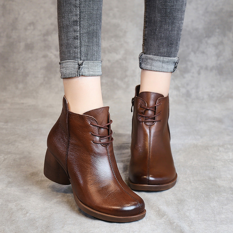 Women's Vintage Comfort Leather Block Heel Zipper Casual Ankle Boots