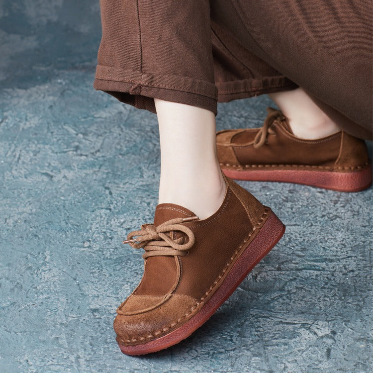 Women's Leather Casual Comfort Lace Up Flat Shoes
