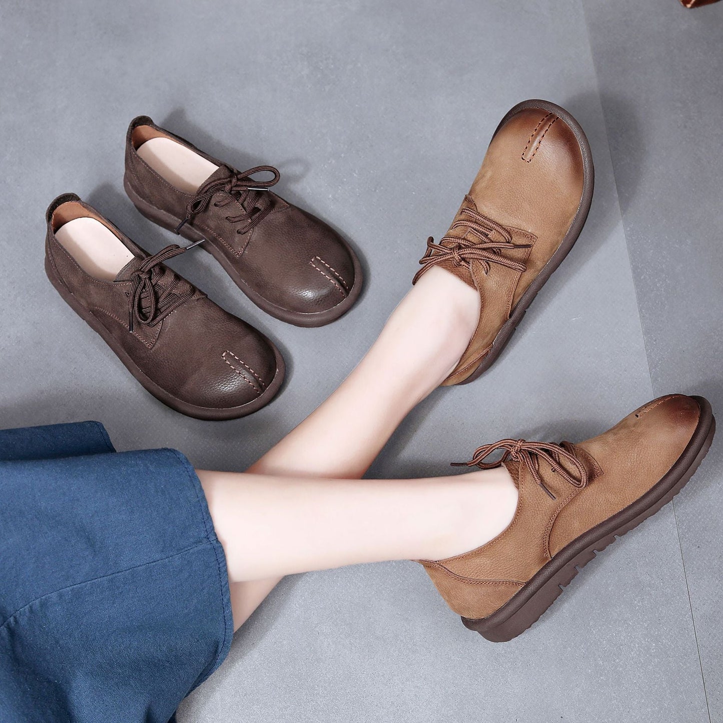 Women's Vintage Handmade Solid Soft Leather Casual Lace-up Shoes