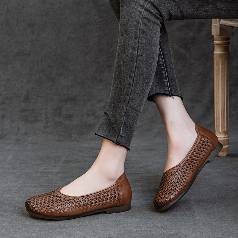 Women's Leather Woven Hollow Out Flat Sandals Glove Shoes