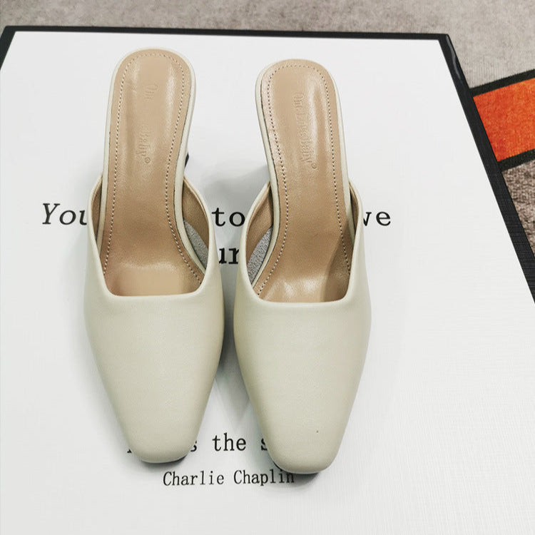 Women's Leather Square Toe High Heeled Mule Shoes