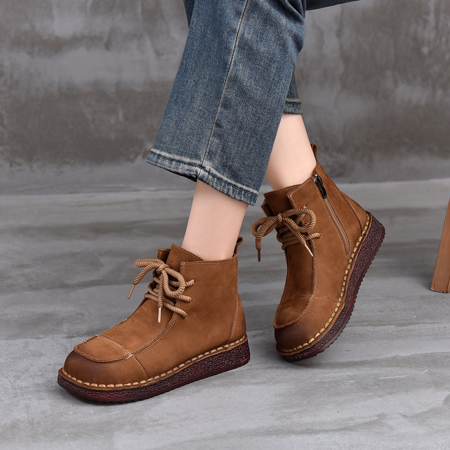 Women's Vintage Leather Ankle Boots – Soft Flat Lace-Up Zipper Short Shoes