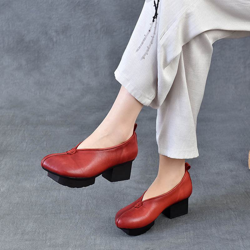 Women's Block Heel Leather High Heels – Slip-On Japanese Design