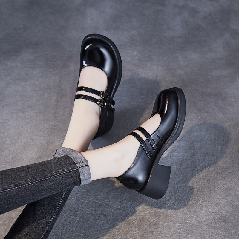 Double Buckle Leather Block heel Mary Jane Pumps Women's Shoes