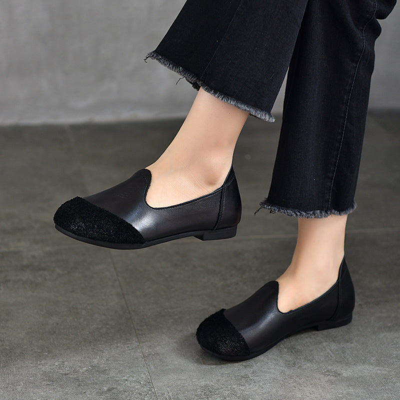 Handmade Leather Vintage Round Toe Patchwork Ballet Flat Shoes Women's Shoes
