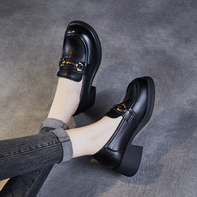 Women's Genuine Leather Loafers – Mid Heel Slip-On Shoes with Metal Accent